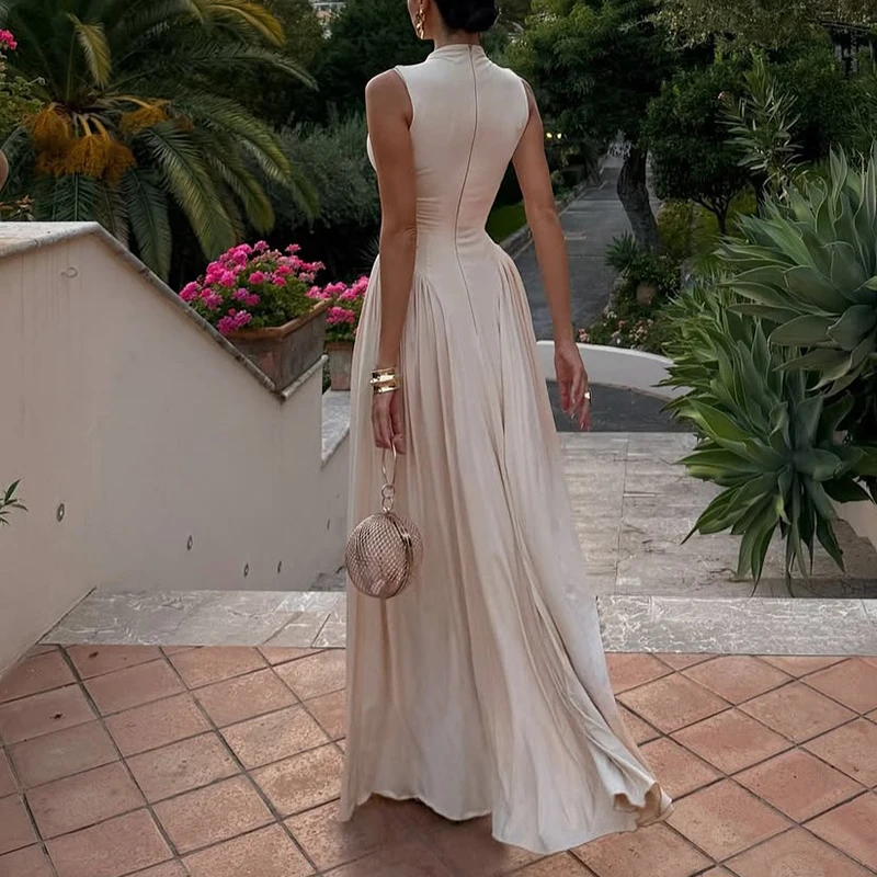 Lady Elegant Hollow Out Prom Gown Temperament O-neck Sleeveless Pleated Evening Dress Sexy Slim Solid Color Big Hem Long Dress