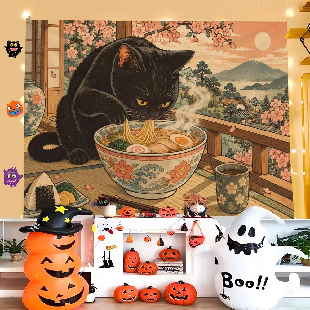 Cats Love Ramen Tapestry Durable Soft Microfiber Horizontal Wall Hanging Decor For Bedroom Patio Garden Parties 3