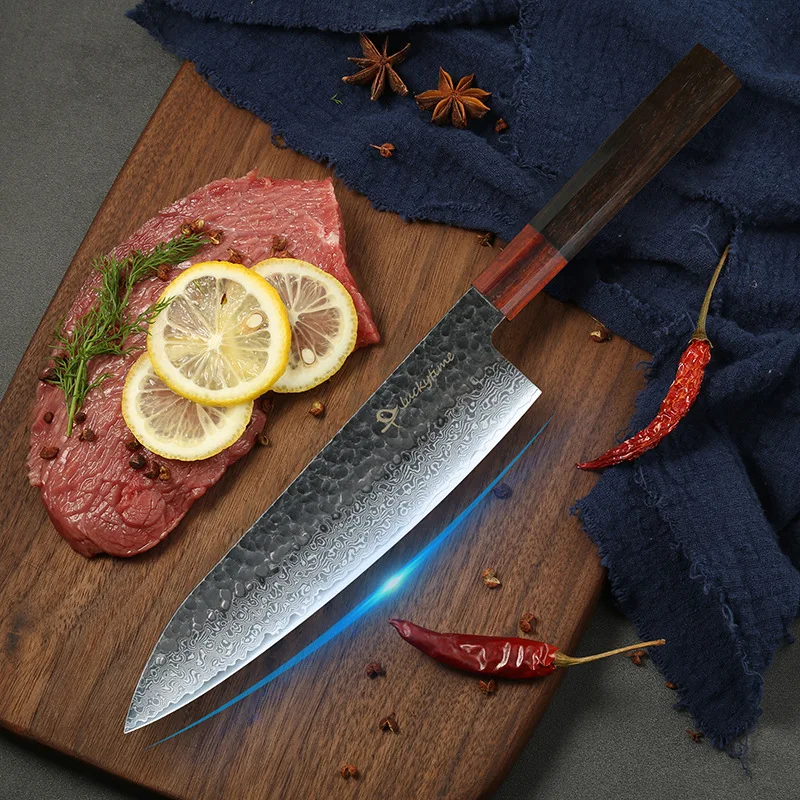 9 Inch Gyutou Knife 10Cr15MoV Damascus Steel Blade Chefs Cleaver Sashimi Slicing Sushi Kitchen Knives Wood Handle Cooking Tools