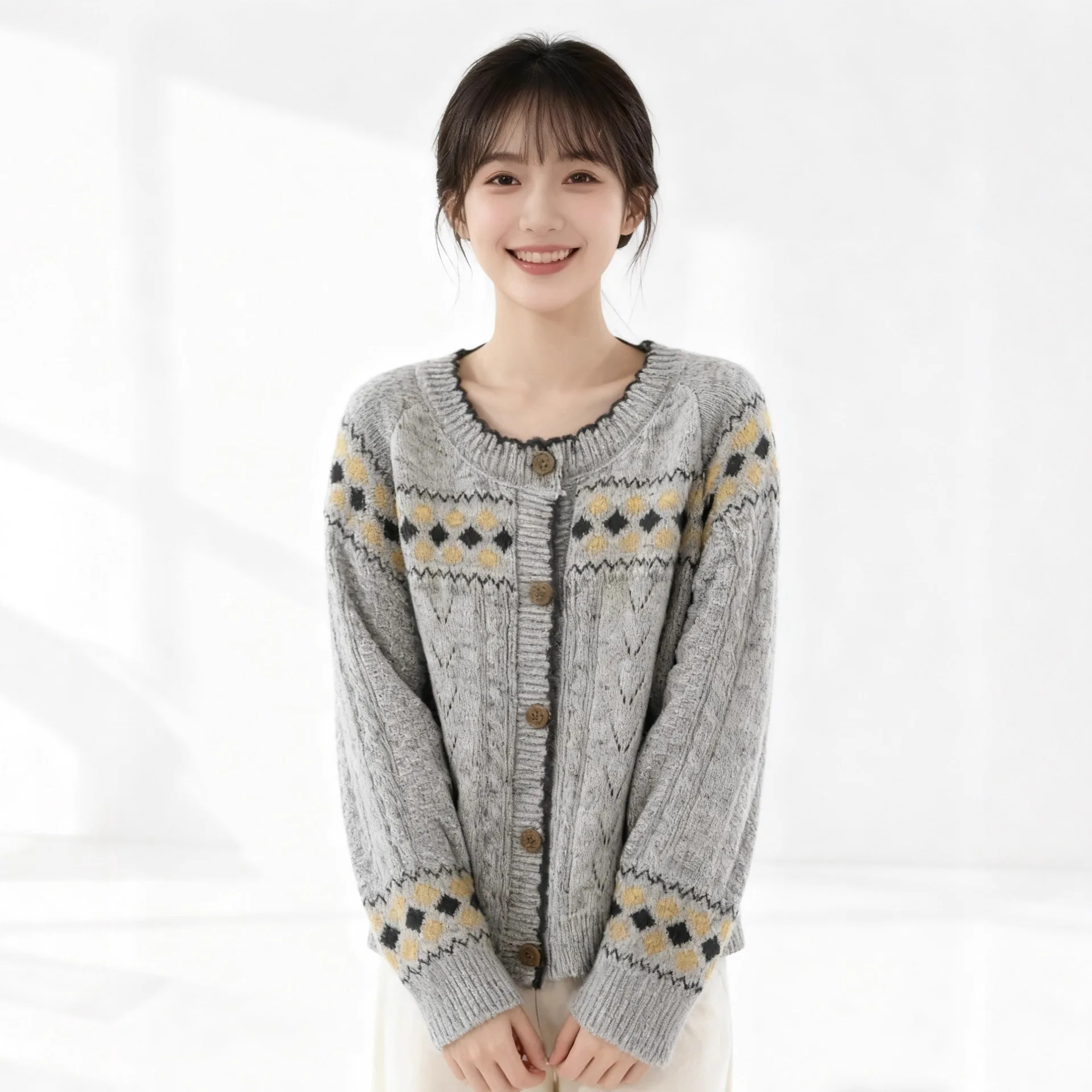 

Korean Heavy Industry Design Sense Retro Jacquard Motley Sweater Jacket Women's Autumn and Winter Crew Neck Knitted Cardigan