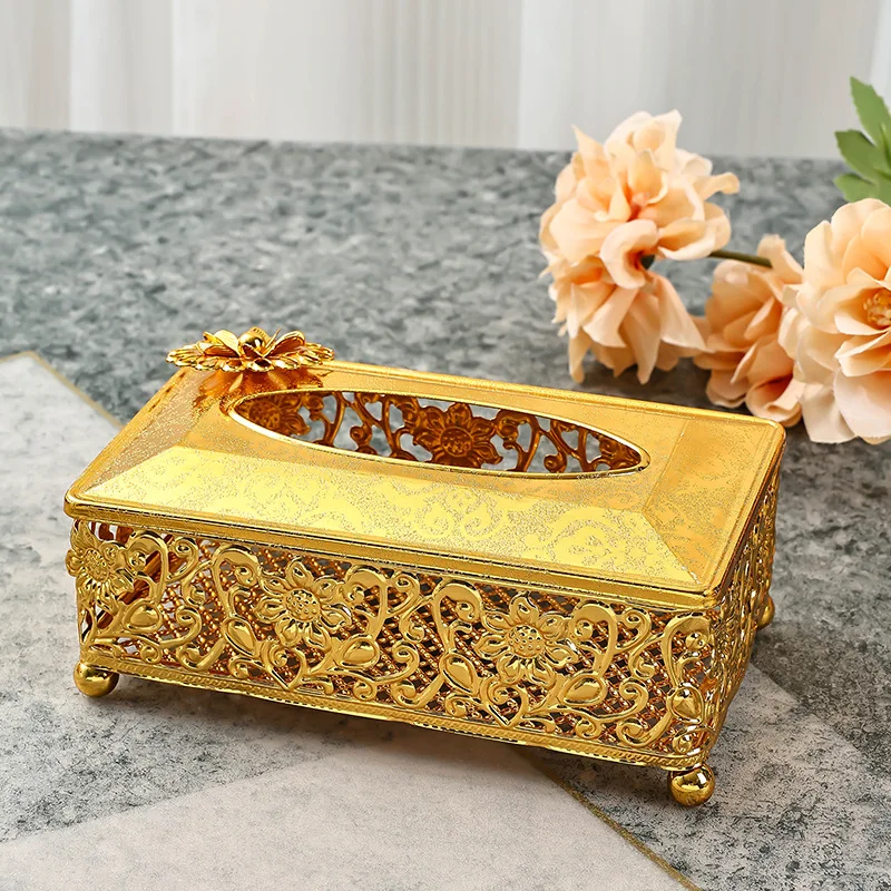 European style gold large tissue box for home use, indoor living room, light luxury, high-end paper box, high-end hotel storage