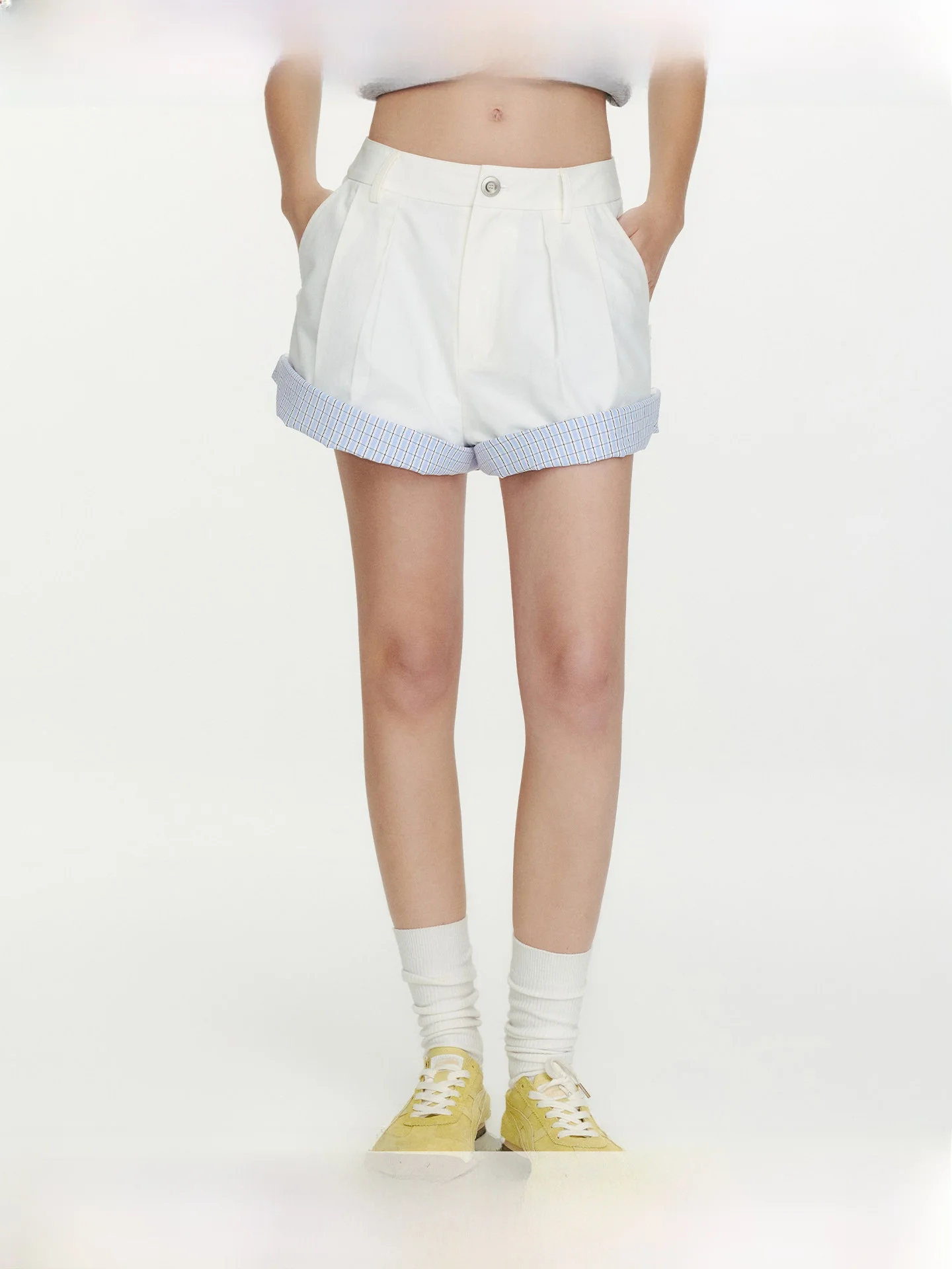 

WhyBerry Fre Sea Day Plaid Patchwork orts Women's Slim A-Line Wide Leg Pants Casual Sle l Waist Button Closure