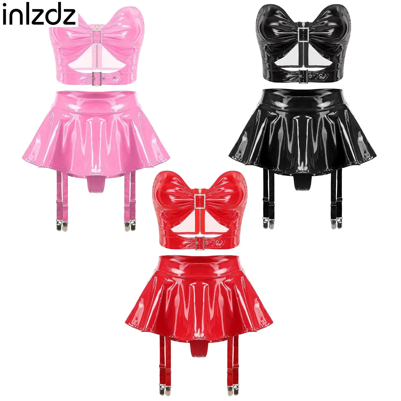 

Sexy Women 2Pcs Lingerie Costume Patent Leather Metallic PU Fun Bra+Built-in Thongs Garter Belts Metal Clips Miniskirt Clubwear