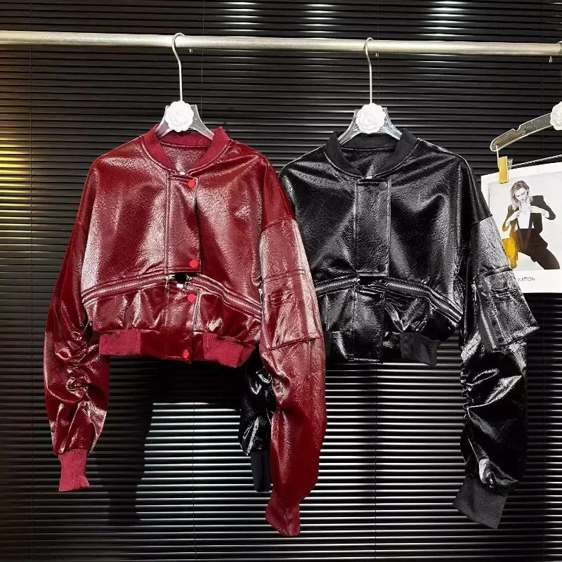 Locomotive Clothing Patent Leather Glossy Zipper PU Leather Jacket Fashionable Clip Gram Jacket Women's Leather Jackets Women