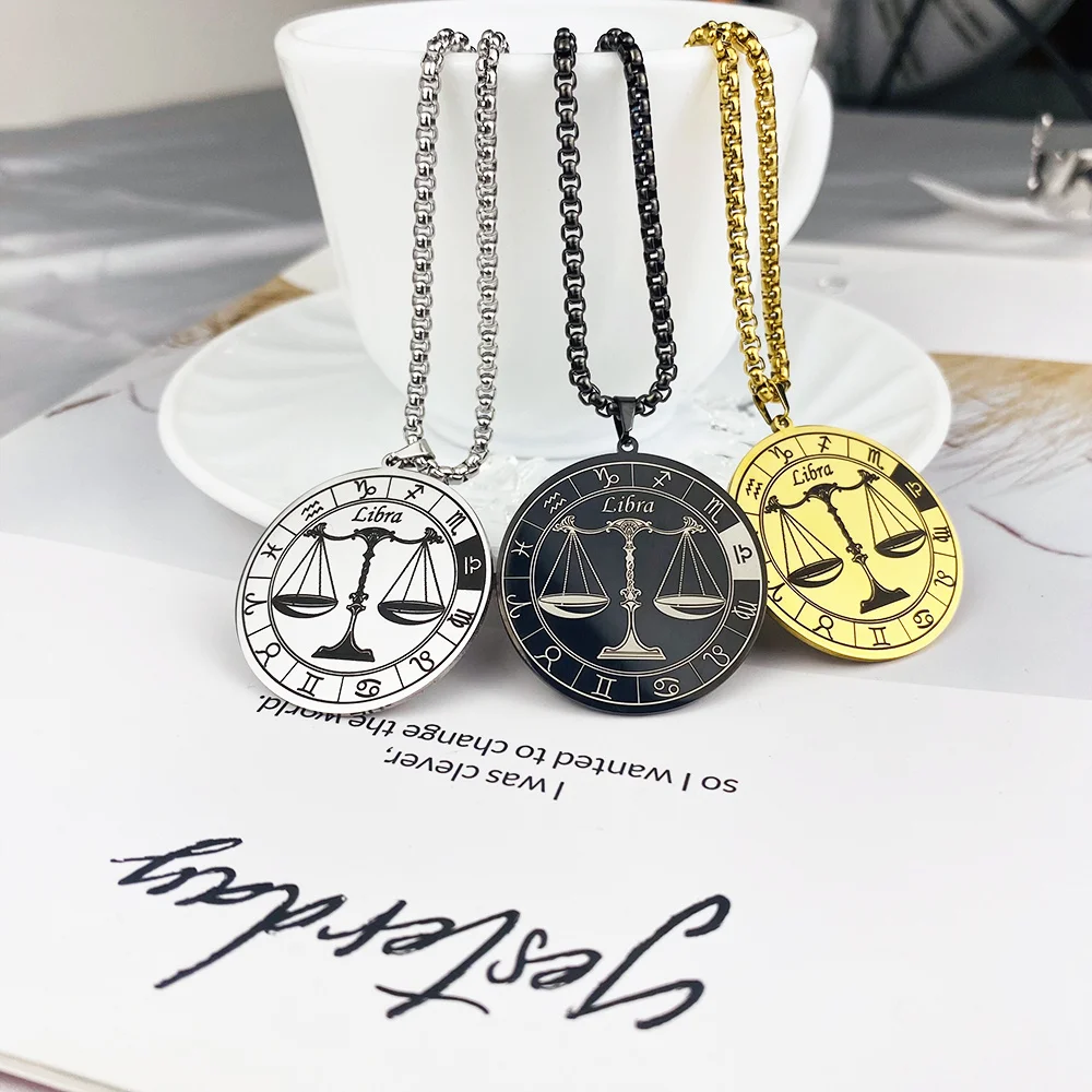 Classic Retro 12 Constellation Necklaces Stainless Steel Zodiac Libra Symbol Pendant Necklace for Women Men Trendy Jewelry