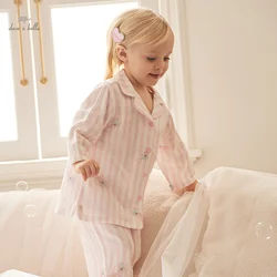 Dave Bella Children Girls Pajamas Suit 2024 New Summer Fashion Casual Ventilate Print Pink Striped Sweet Two-Piece Set DB2241094