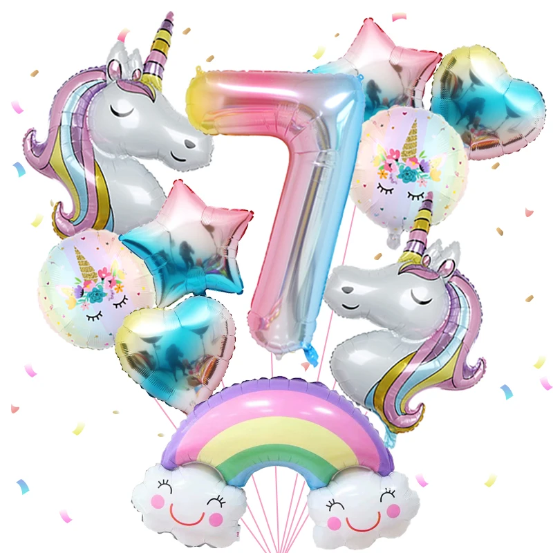 1 set regenboog eenhoorn meisje ballon aluminium film ballon set met lachende regenboogfolie 1e pasgeboren feestdecoratie benodigdheden