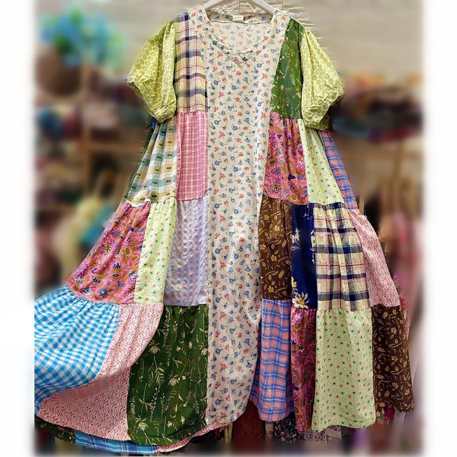 

Women Vintage Cotton Linen Patchwork Summer Dress Vacation Short Sleeve Thailand Boho Ibiza Hippie Gypsy Long Tunic Midi Dress