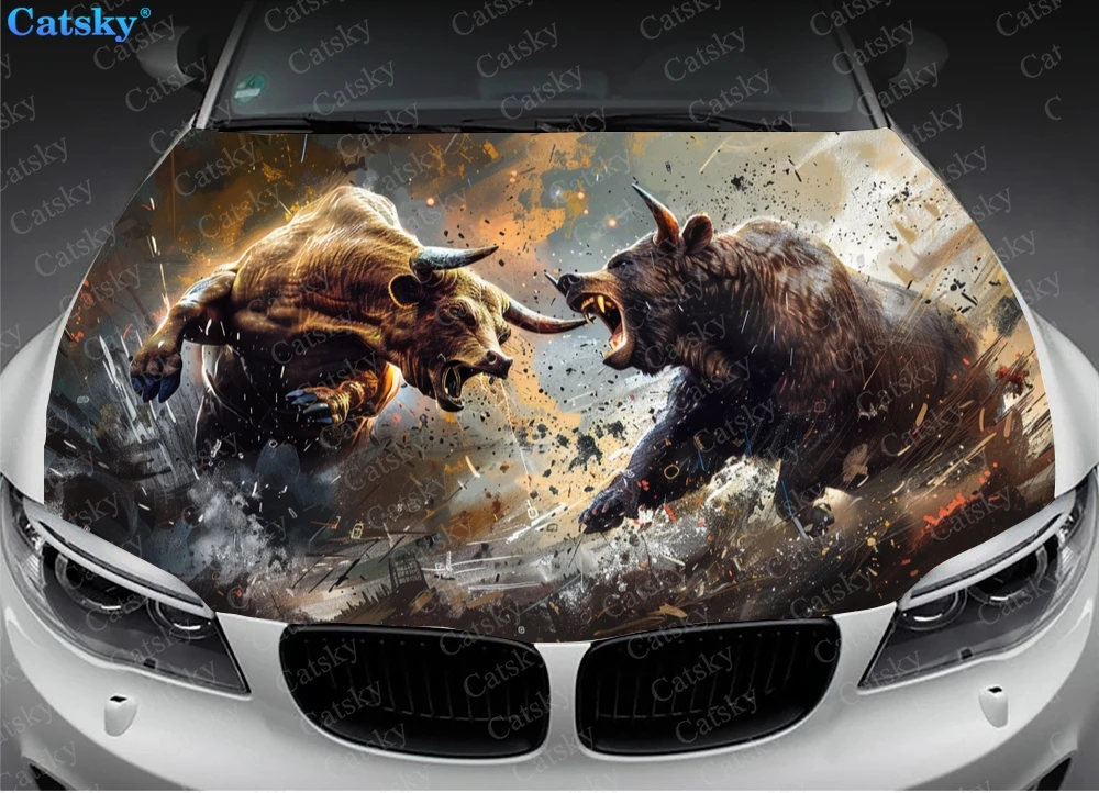 Bear and Bull Fighting Car Hood Decal Stickers Wrap Vinyl Film Engine Cover Decals Sticker Car Hood Protective Film