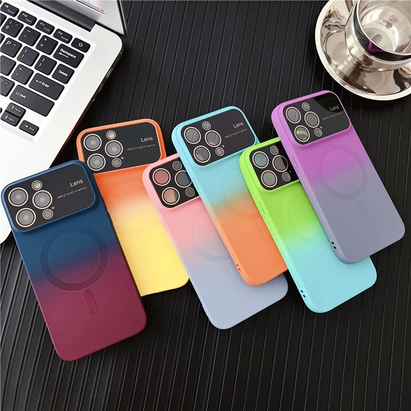 

Colors Gradient Magsafe Phone TPU Case For iPhone 15 14 13 12 Pro Max Plus Big Lens Protect Magnetic Wireless Charge Soft Cover