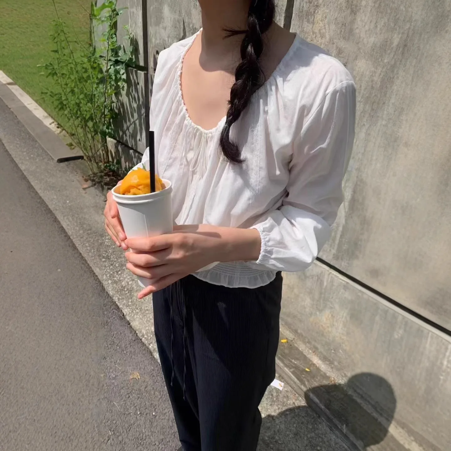 

Танат, хлопковый топ с поясом, корейский свободный крой, женский кружевной/шелковый топ, осенний сезон, китайское происхождение, 00% другие материалы