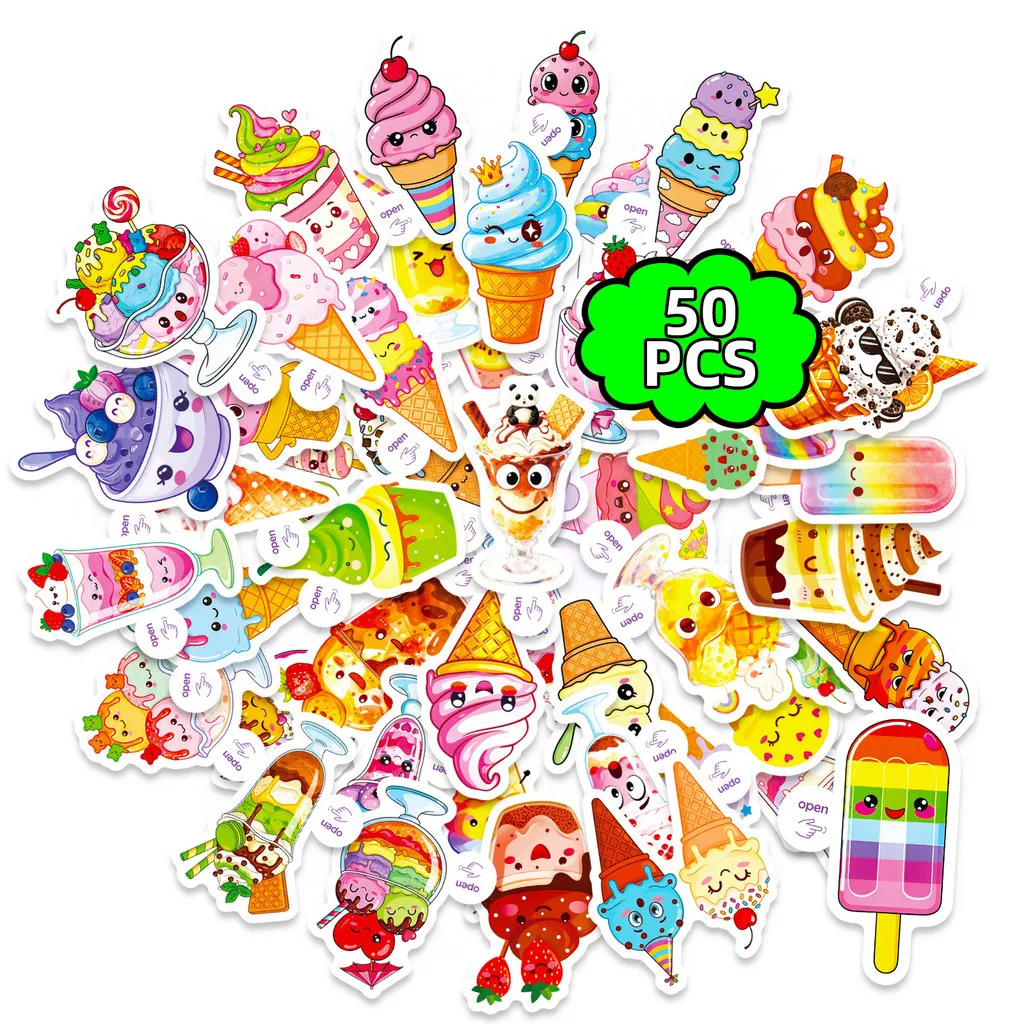 50Pcs Cute Anthropomorphic Ice Cream Doodle Stickers, Creative Food‑themed Waterproof Decals, DIY Golden Memory Stickers Store
