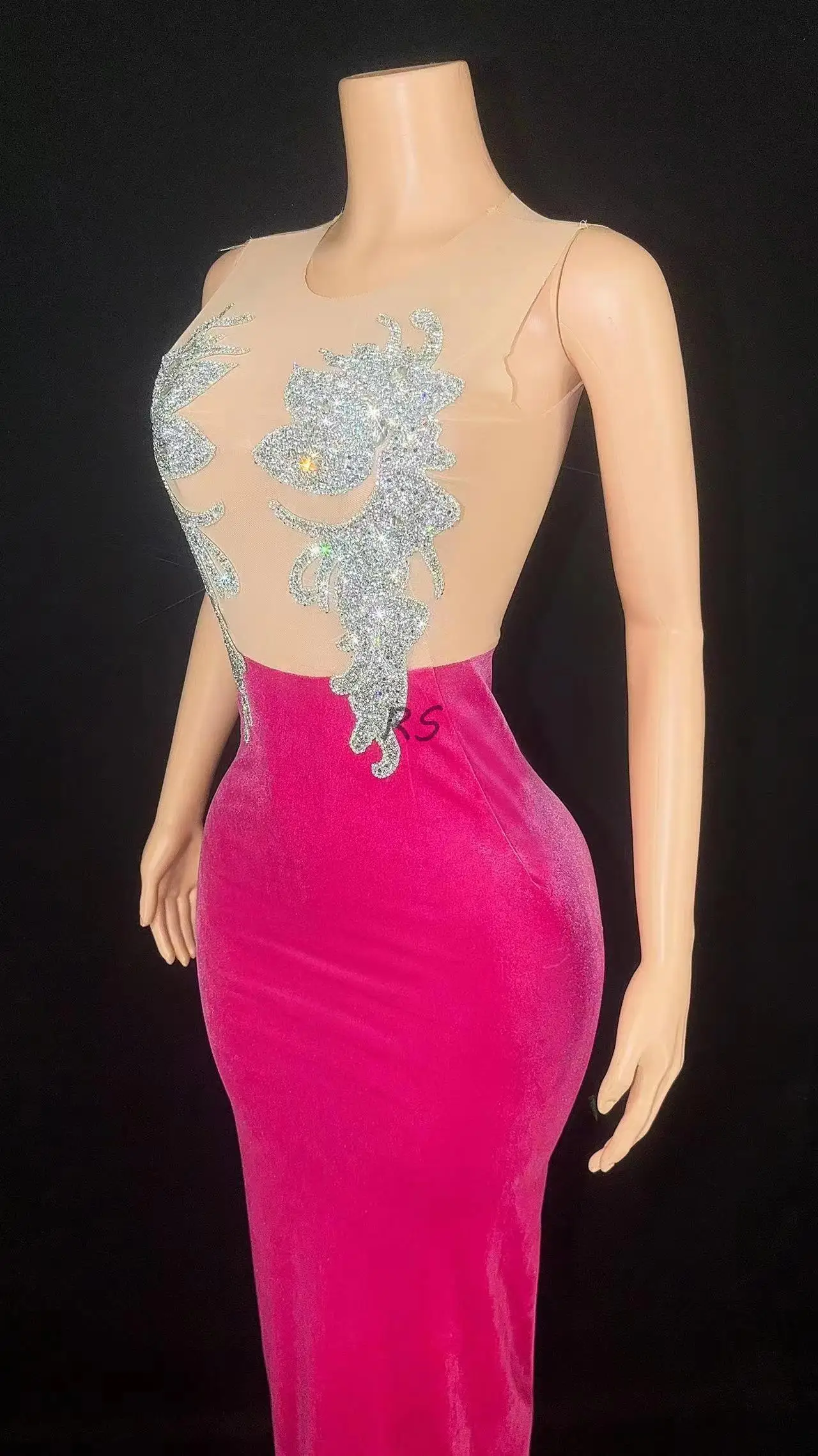 Women Pink Velvet Sexy See Through Shiny Diamonds Evening Dress