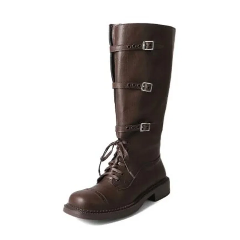 Britischer Stil für Mädchen, Schwarz, Braun, Mattes Leder, runde Zehen, Schnürung, Gürtelschnalle, Med-Heels, kniehohe Stiefel, Damen, Freizeit, lange Stiefel