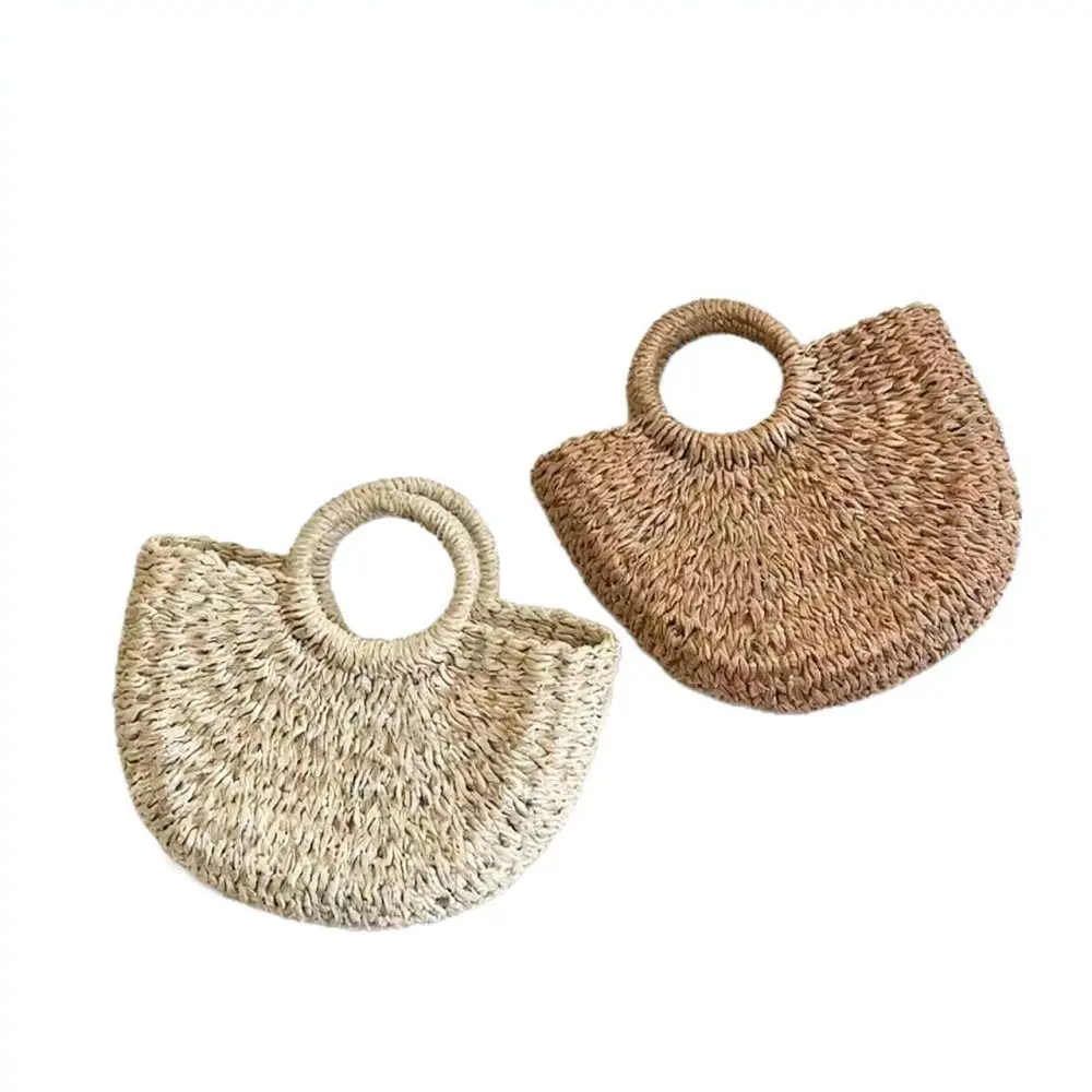 Bohemian Woven Straw Bag Women Half Moon Summer Handbag Casual Handmade Paper Rope Purse Retro Shoulder Bag Travel Beach Tote