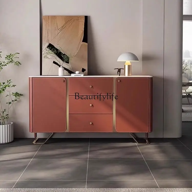 

Light luxury dining side cabinet Modern simple rock slab saddle leather locker Living room integrated against the wall