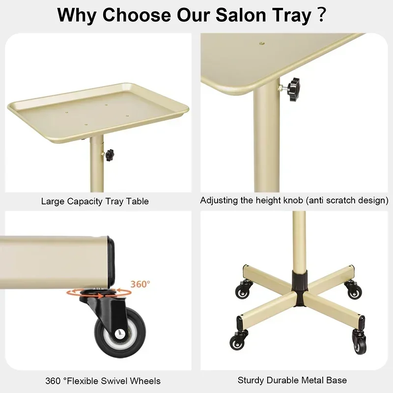 Modern Adjustable Working Trolleys Hairdressing Tray With Wheels Gold & Black For Hair Salon Barber