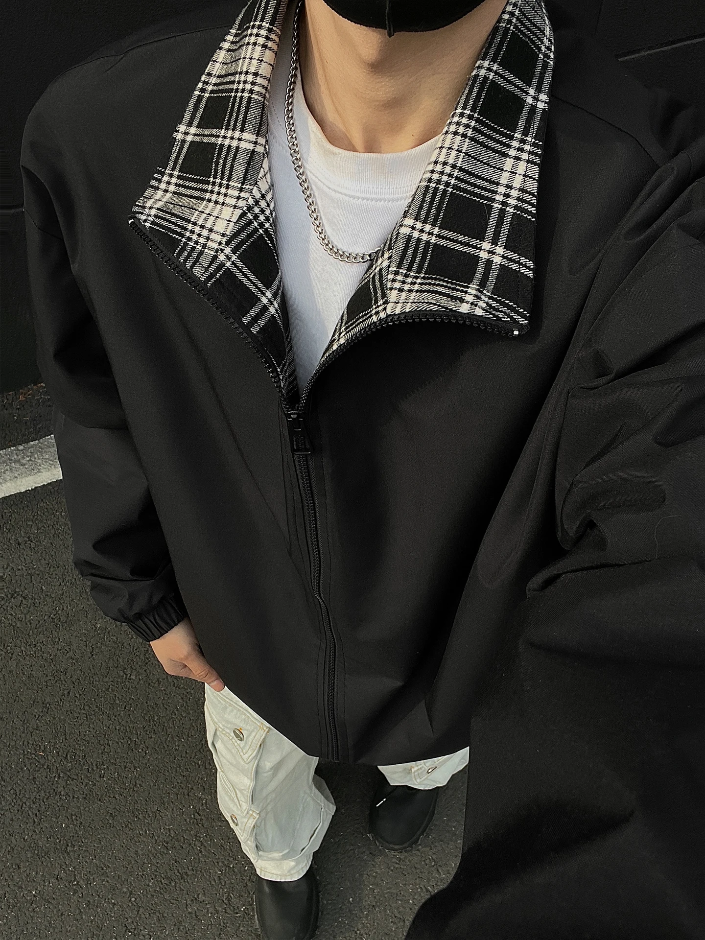 

American Plaid Splicing Collar Jaet Men's Sle Spring Trend Loose Large Size Outerwear New Spring Clothes Top