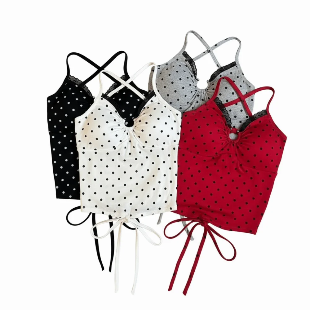 Sweet Lace Polka Dot Cotton Tanks V-neck Design Cross Backless Crop Vest Tops Spaghetti Strap Ropa Mujer Bandage Summer