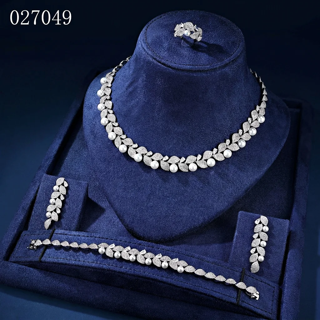 Bride Talk Luxury Pearl Leaf Pave Silver Plated 4Pcs Jewelry Set Necklace Earrings Bracelet Ring Womens Bridal Wedding Wholesale