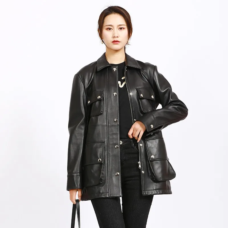 

2023Women Bikers Genuine Leather Jacket Multi Pockets Belted Autumn Windbreaker Coat Ladies Slim Fit Punk Natural Sheepskin Jack