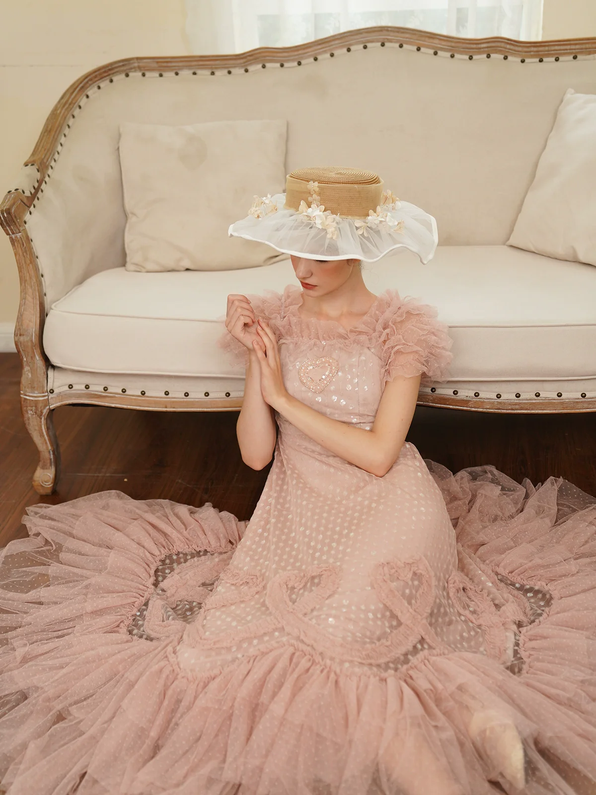 

Весенне-летние женские ручные сшитые бисером детские розовые очень большие 360° ° Юбка-клеш Романтическое легкое свадебное платье Тонкое платье