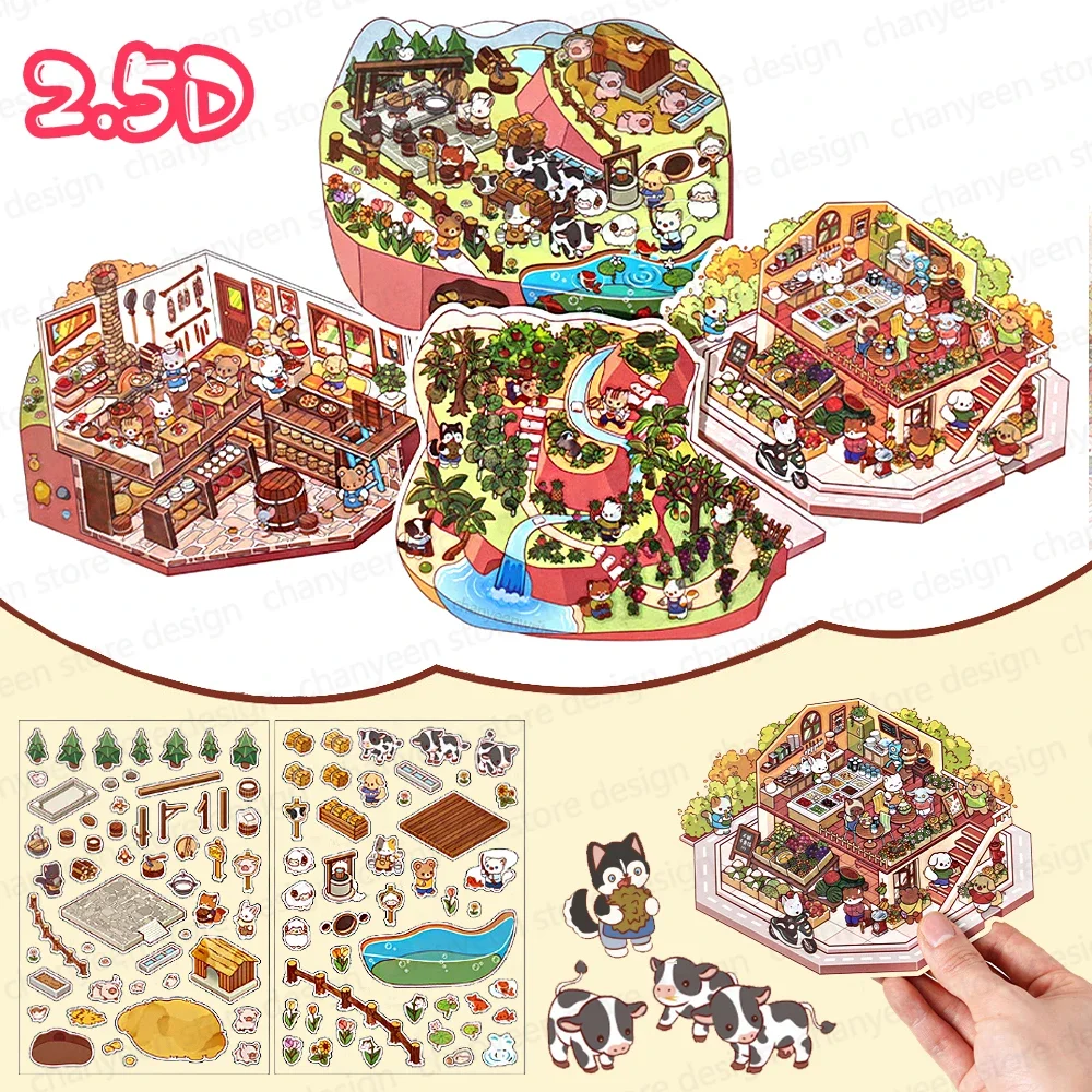 2.5D DIY Cartoon Farm Ranch Landscape Sticker Pocket Cabin Scene Game Stickers Christmas Gift for Kid Child