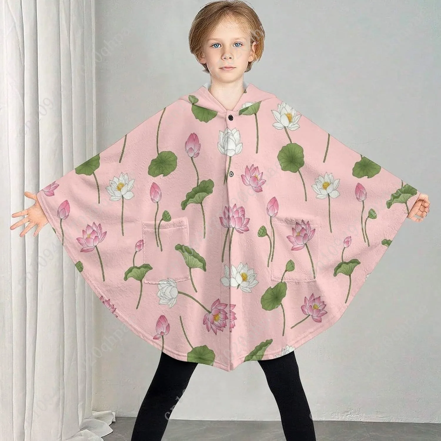 سترة بطانية مريحة من الفلانيل، هوديي كبير الحجم بأوراق زهور اللوتس مع جيوب للأطفال والمراهقين