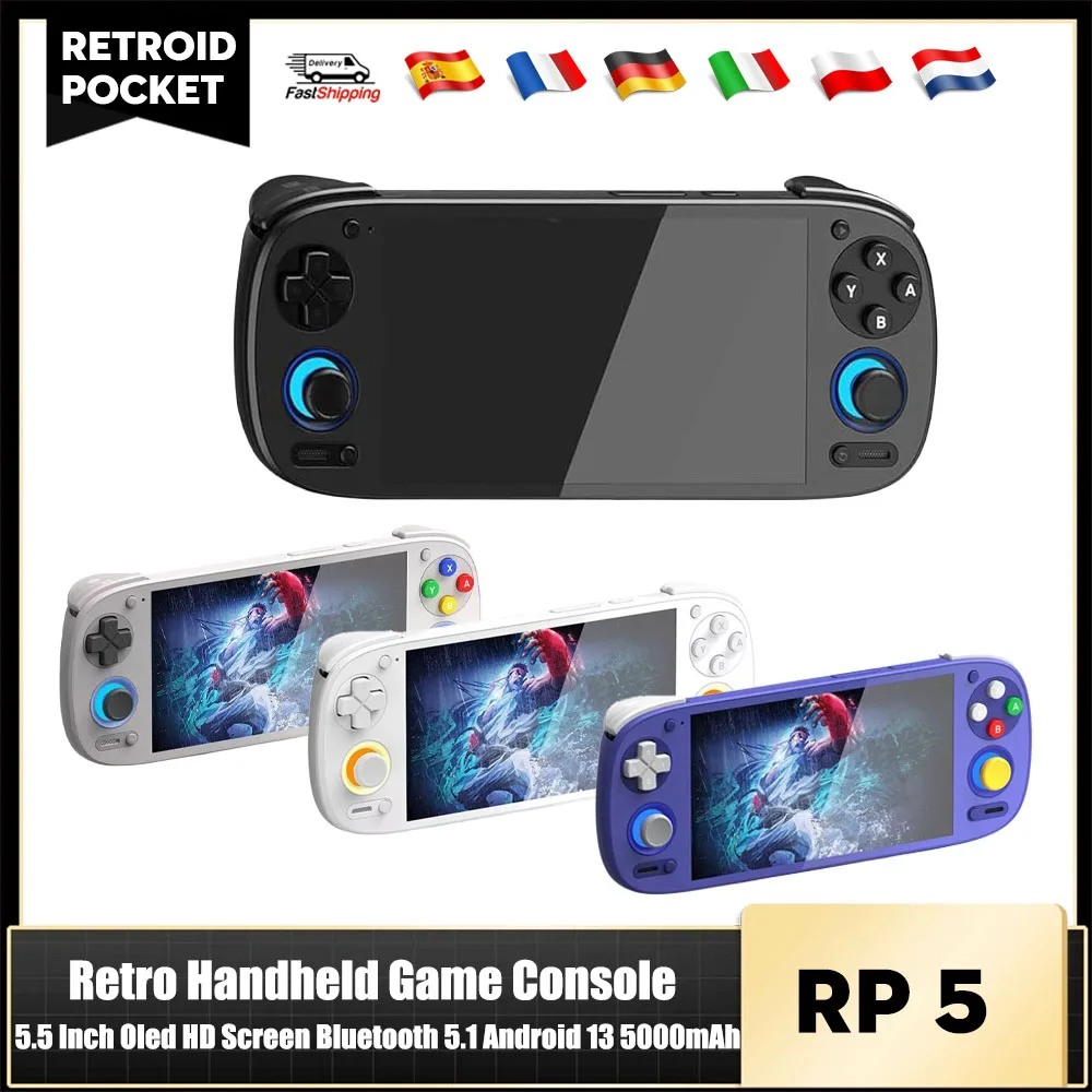 Consola de Juegos Portátil Retroid Pocket 5 SD865 con Pantalla OLED HD de 5.5 Pulgadas, Bluetooth 5.1, Android 13, Batería de 5000 mAh, Reproductor de Videojuegos Retro