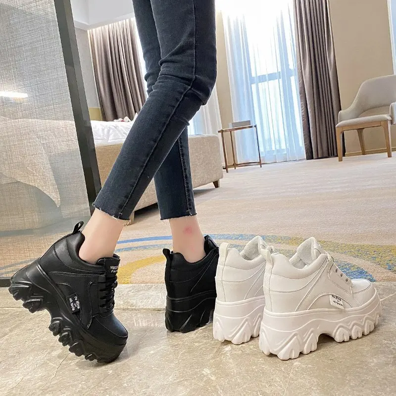 New Women Leather Platform Sneakers Spring Trainers White Shoes 9CM High Heels Wedge Outdoor Sport Shoes Breathable Casual Shoes