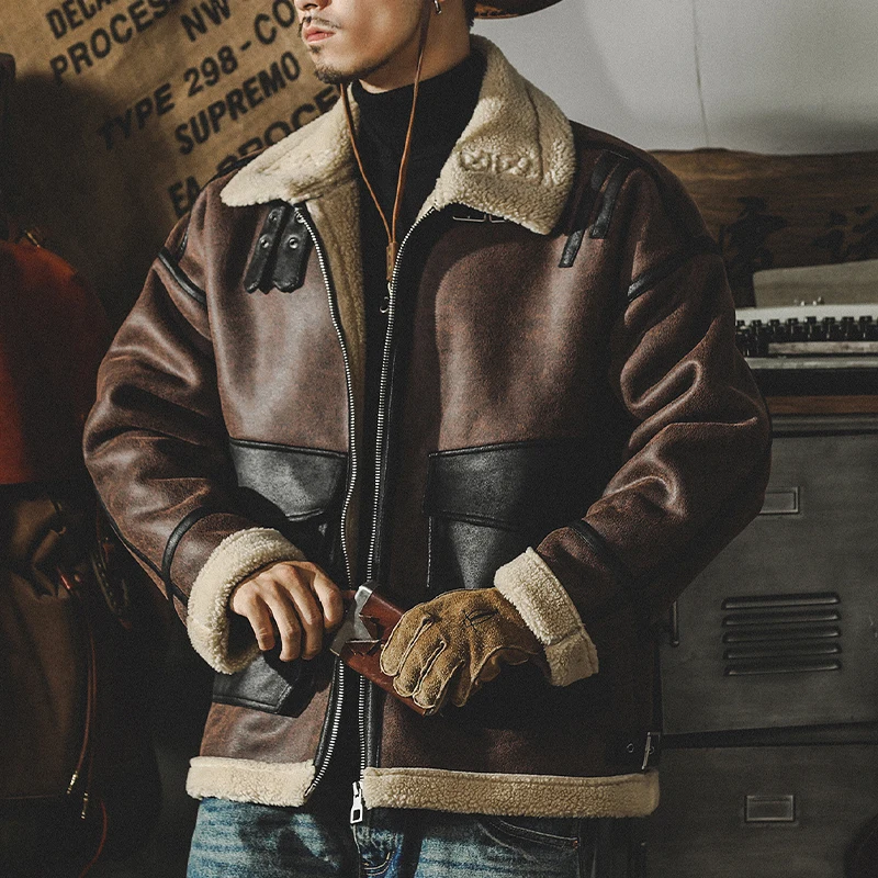 

Retro American Workwear Thiened Leather Jaet Men's Winter Thiened Lamb Velvet One-Piece High-End Sensation Coffee Color...