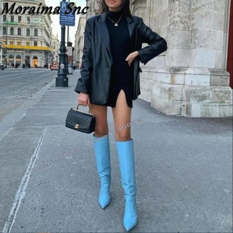 모라이마 Snc 블루 솔리드 스톤 프린트 여성용 부츠 포인티드 토 슬립온 니하이 부츠 스틸레토 하이힐 런웨이 슈즈