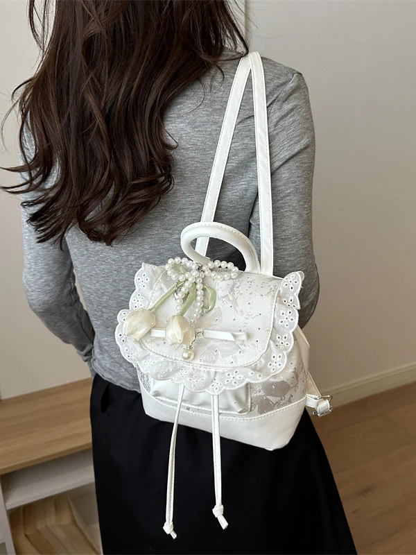 Korean Style Fashionable Lace Trimmed Casual Shoulder Backpack Handbag Soft Fabric Daily Use Lightweight Bucket Shape Backpack