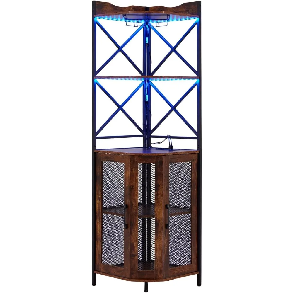

LED Corner Bar Cabinet with Power Outlet&Glass Holder, 5-Tiers Wine Bar Cabinet for Dining Room, Living Room, Kitchen