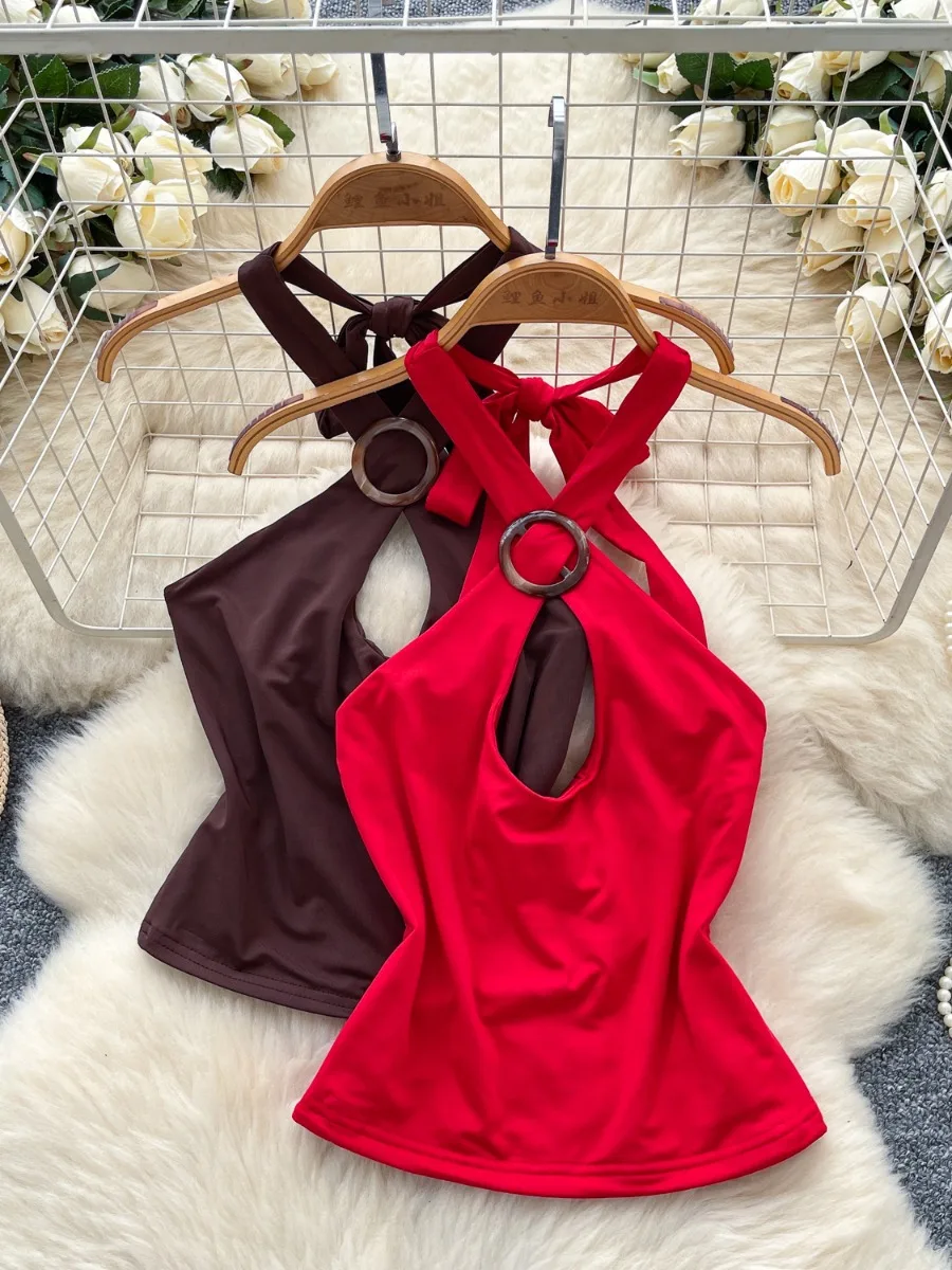 

Foamlina European High Street Hollow Out Ring Buckle Halter Crop Top Women 2025 Summer Sexy Slim Fit Vest Tanks For Y2k Girls