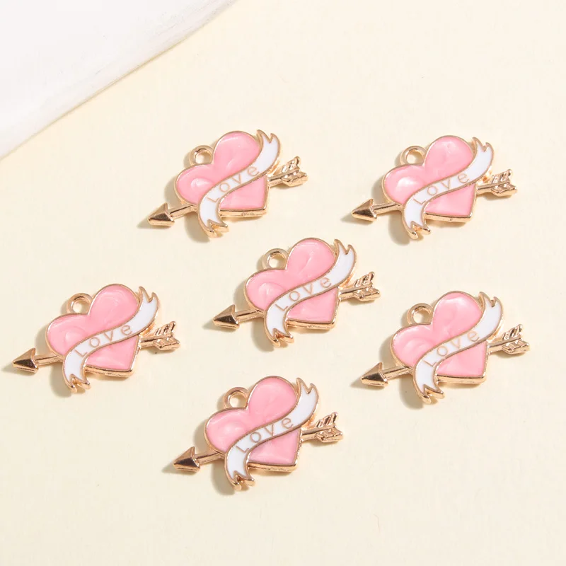 10pcs Gold Color 23x15.5mm Cute Enamel Heart Arrow Charms Love Cupid Pendant Fit Earrings Jewelry Making Handcrafted Accessories