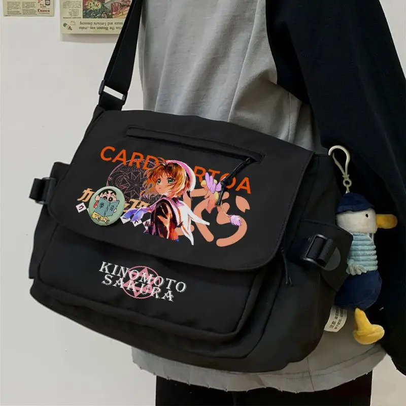 Anime Card Captor Sakura Shoulder Bag Black White Messenger Cartoon With Front Zipper Badges Crossbody