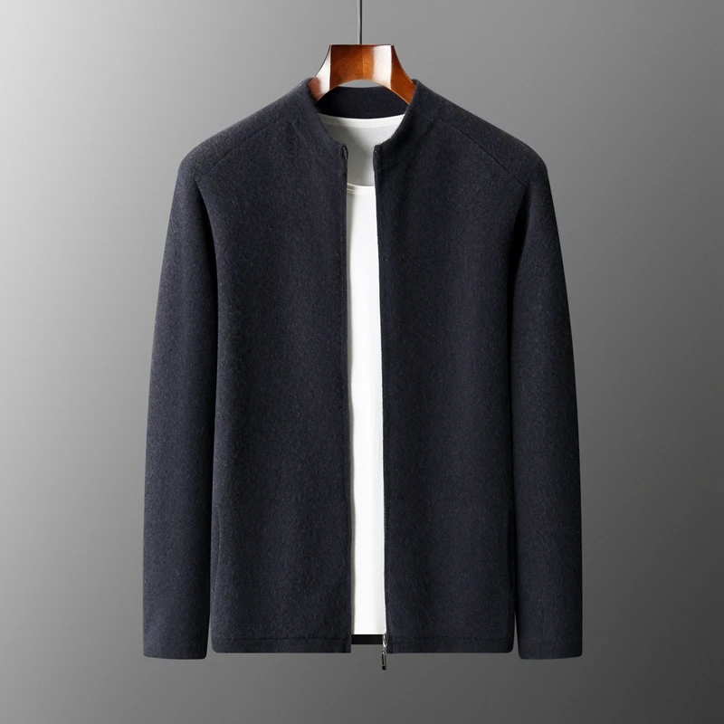 

Autumn And Winter New 100% Pure Wool Coat Men's Stand Collar Thick Zipper Leisure Cashmere Knit Cardigan