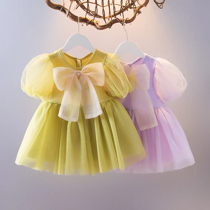 Summer Baby Girl Dress Mesh Tulle Dress Bow Puff Sleeve Princess Costume Wedding Party Ball Gown Birthday Kid Girl Clothes A928