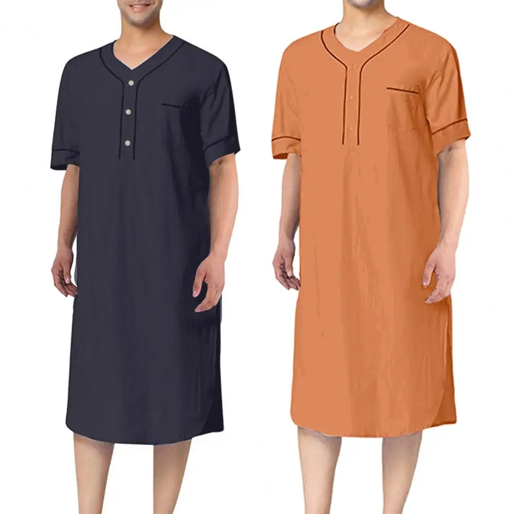 Men Nightgown Comfortable Men\'s V-neck Nightgown with Patch Pocket Solid Color Mid-calf Length Sleep Robe for Leisure Home Wear