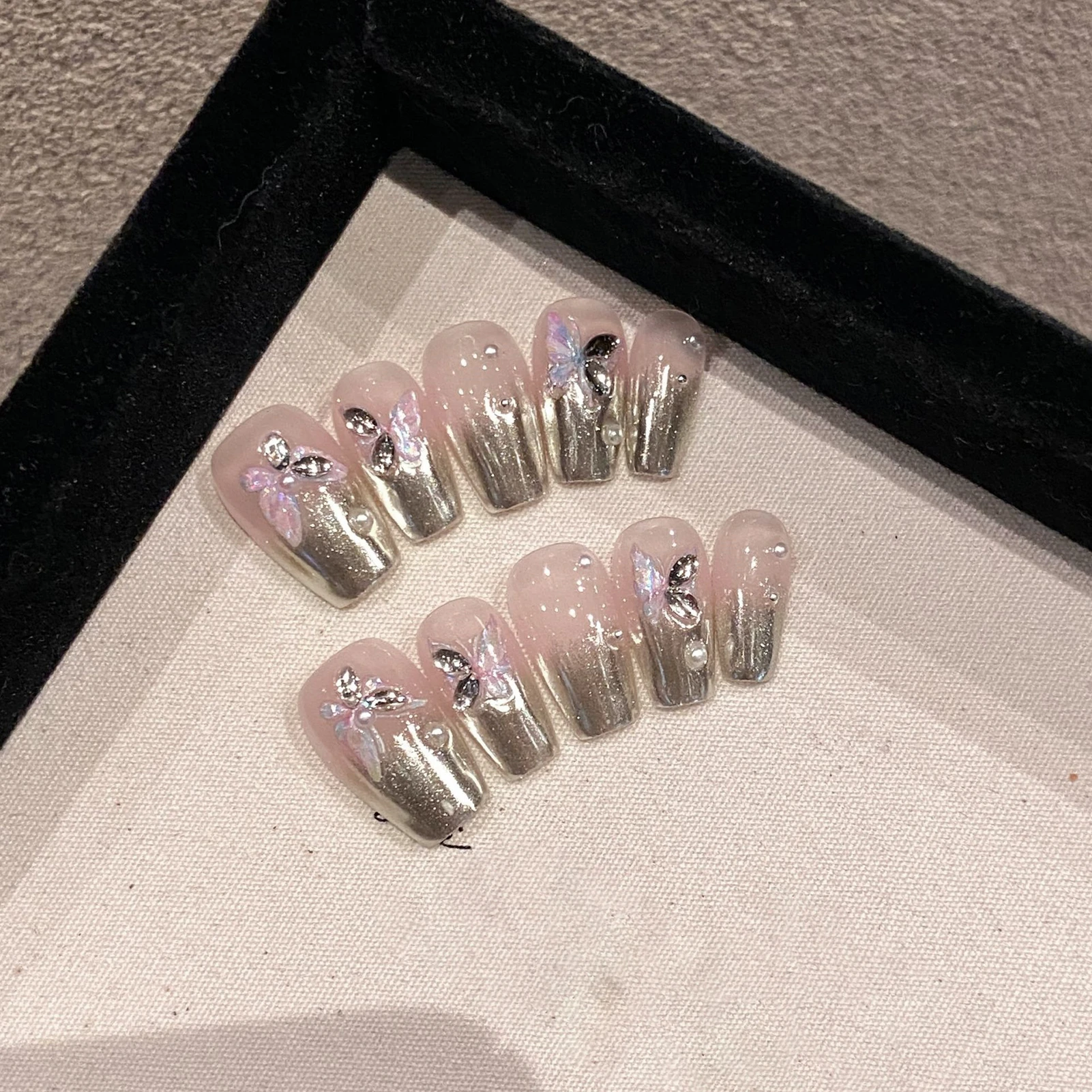 

10pcs Short T Sliver Fake Nails Blush Pink Handmade Press On Nails With Butterfly Designs Ballerina Wearable Manicure Art