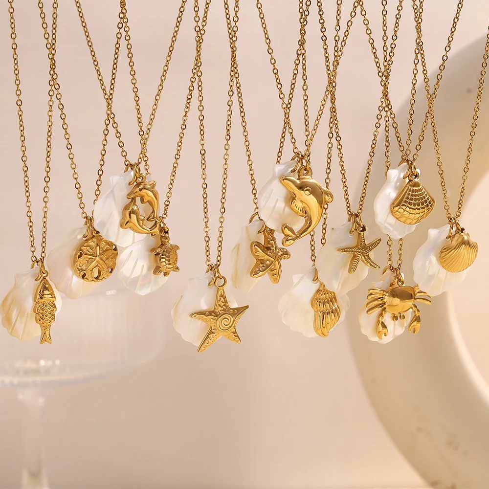 E.B.belle Summer Sea Animals Starfish Dolphin Tortoise Conch Shell Pearl Pendant Stainless steel Ladies Necklaces Jewelry Gift