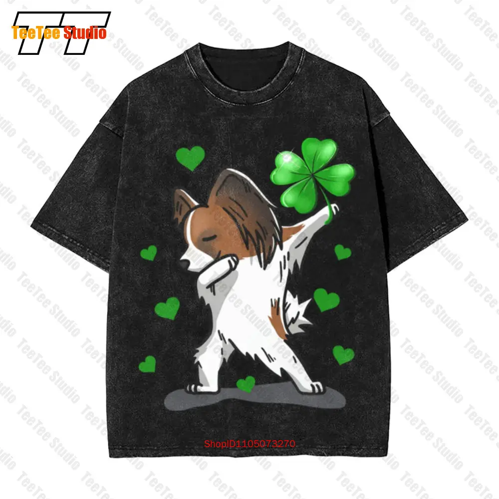 

Papillion Dog Dabbing Lucky Irish Shamrock Vintage Oversized T-Shirt 99C4