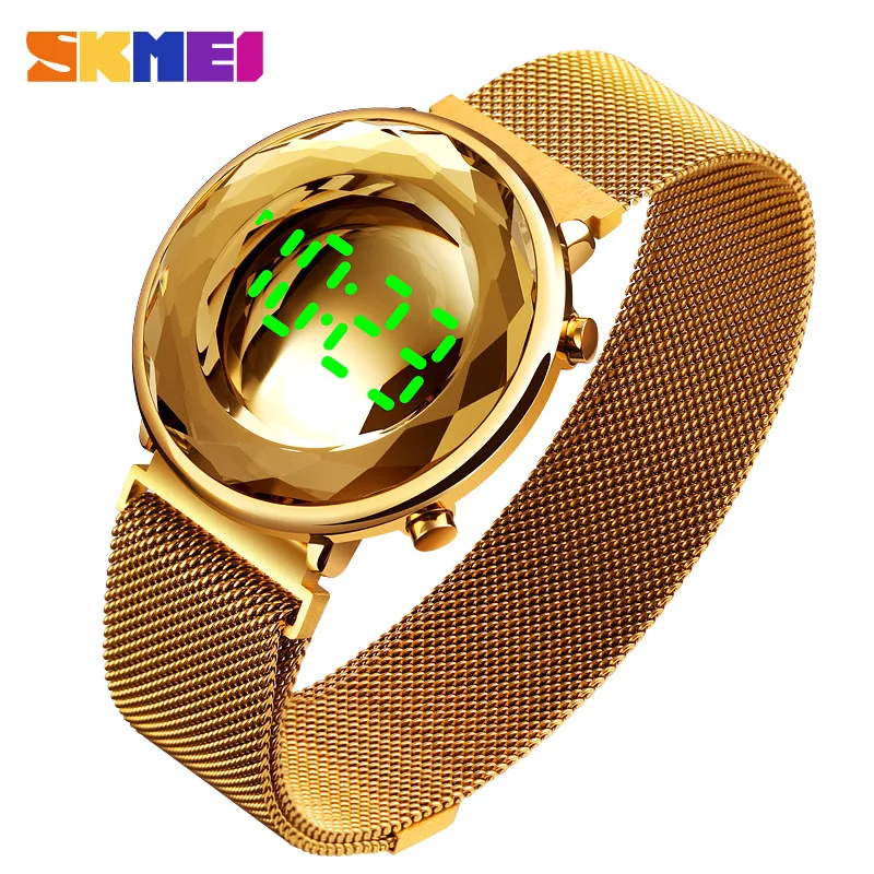 

Skmei Creative New Crystal-Shaped Watch Cover Exquisite Women's Watch Simple Fashion Led Magnetic Snap Mesh Strap Watch