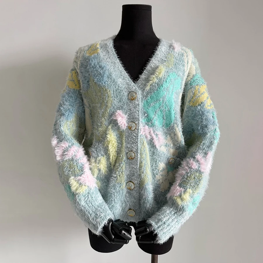 

NIGO Women's Vintage Loose V-Neck Wool Silk Single Breasted Long-Sleeved Knitted Cardigan #hz1117