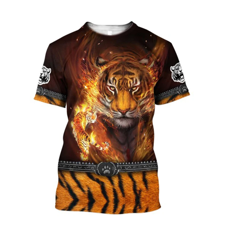 Tiger 3D Harajuku Print Summer Fashion Popular Casual Men\'s Street Hip-Hop Crewneck Short Sleeve T-shirt Oversized Loose Top New