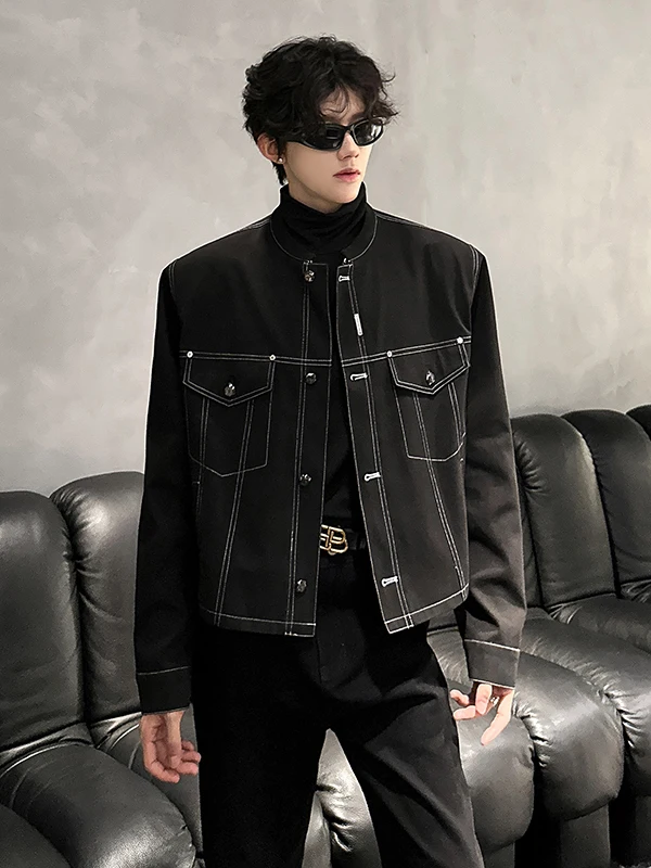 

Мужская джинсовая куртка Bla Stitched 3D Cut с подплечниками, без воротника, в стиле мотоциклетной, с эффектом высокого класса, повседневная верхняя одежда