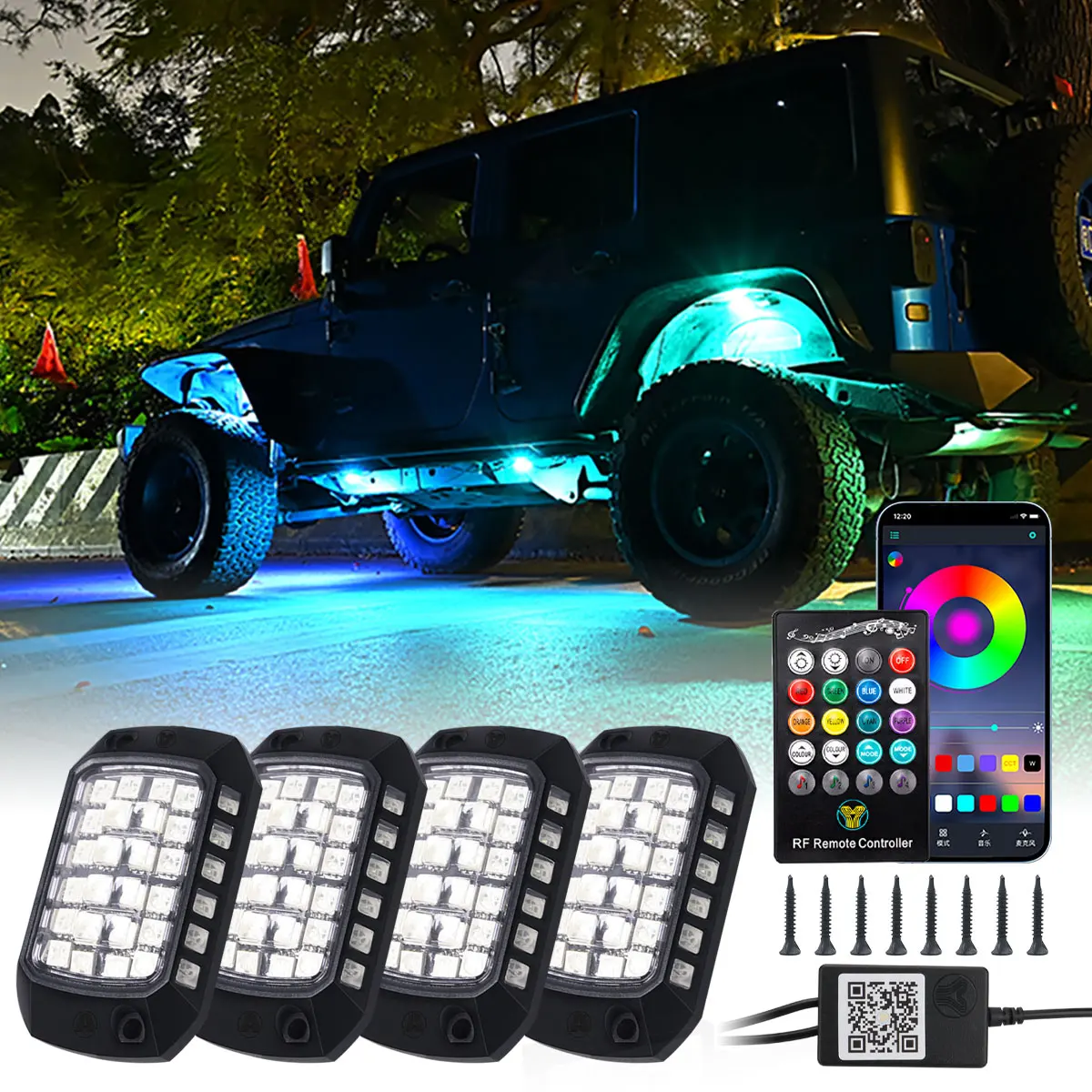 

4/8/12 in 1 RGB Car LED 3D Lens Off-road Chassis Decorative Light APP Remote Control Ambient Light Car Underglow Chassis Light