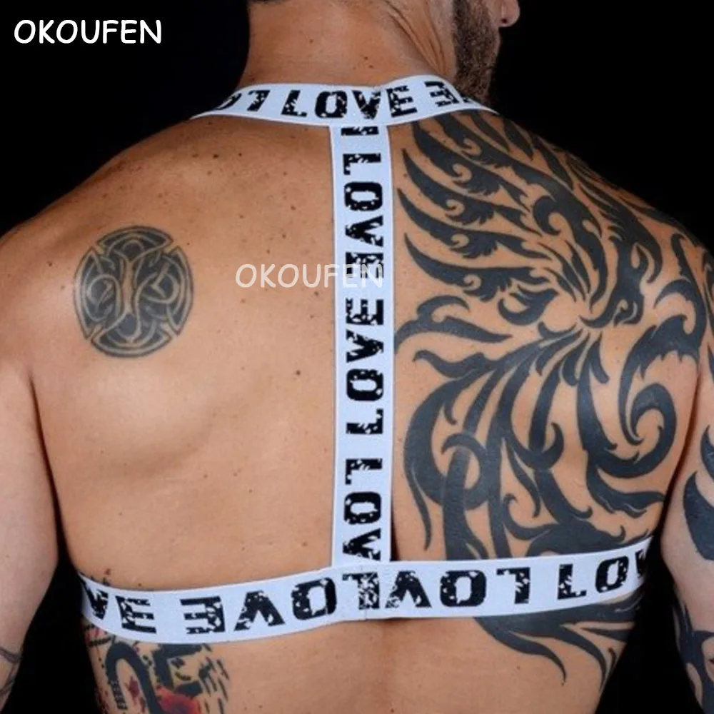 Sexy Letters Printed Rope Fitness Men's Elastic Bandage Muscle Binding Chest Strap Stage Party Performance Equipment