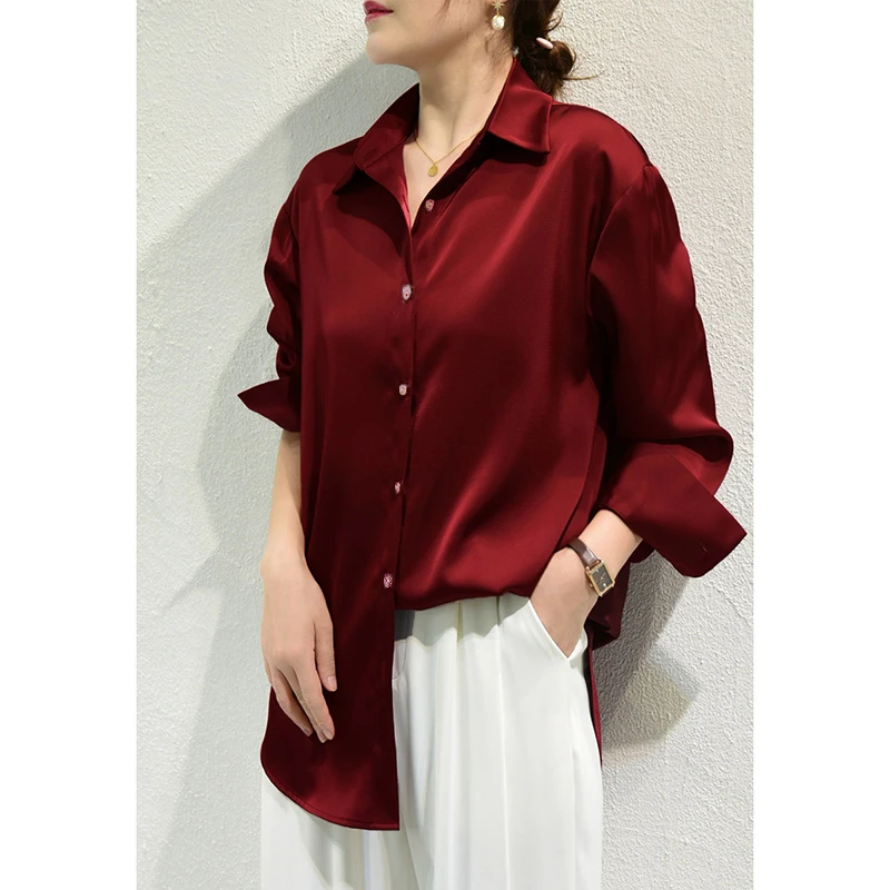 French Elegant Women Satin Glossy Shirt Summer Solid Loose Long Sleeve Blouses Office Lady\'s All-Match Shirt Vintage Casual Top